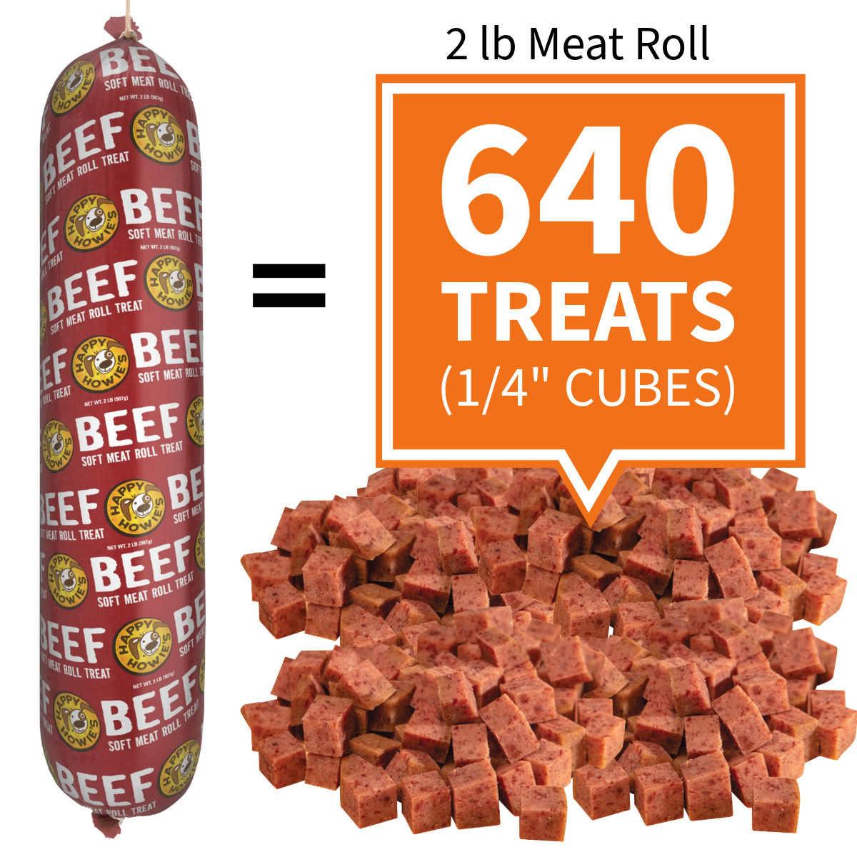 640 treats per 2lb roll when diced in 1/4 inch cubes