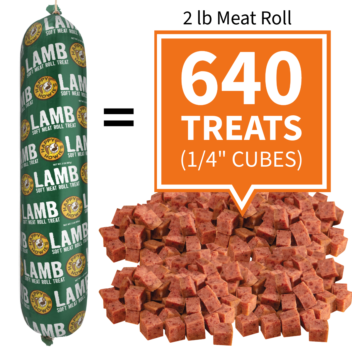 640 treats per 2lb roll when diced in 1/4 inch cubes