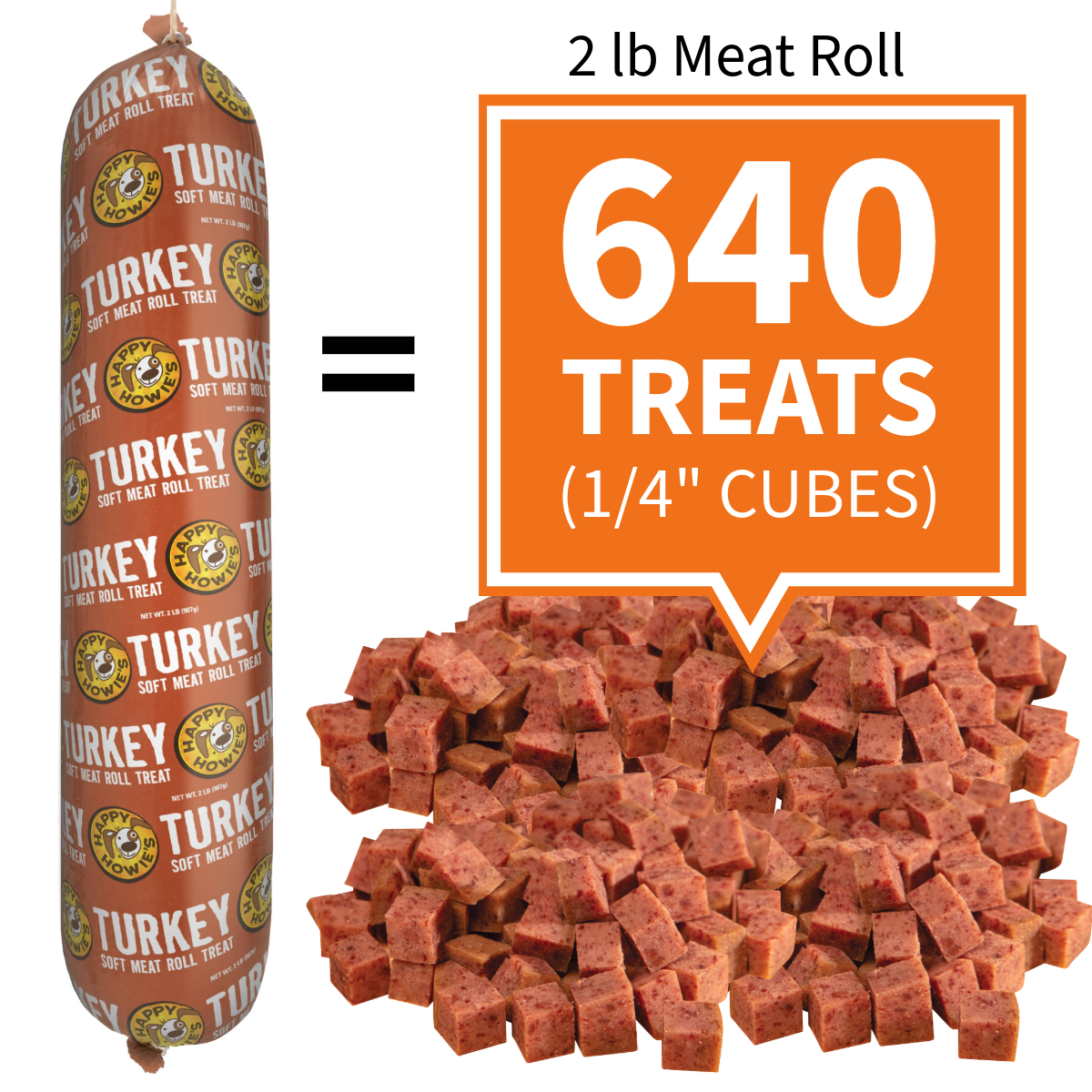 640 treats per 2lb roll when diced in 1/4 inch cubes