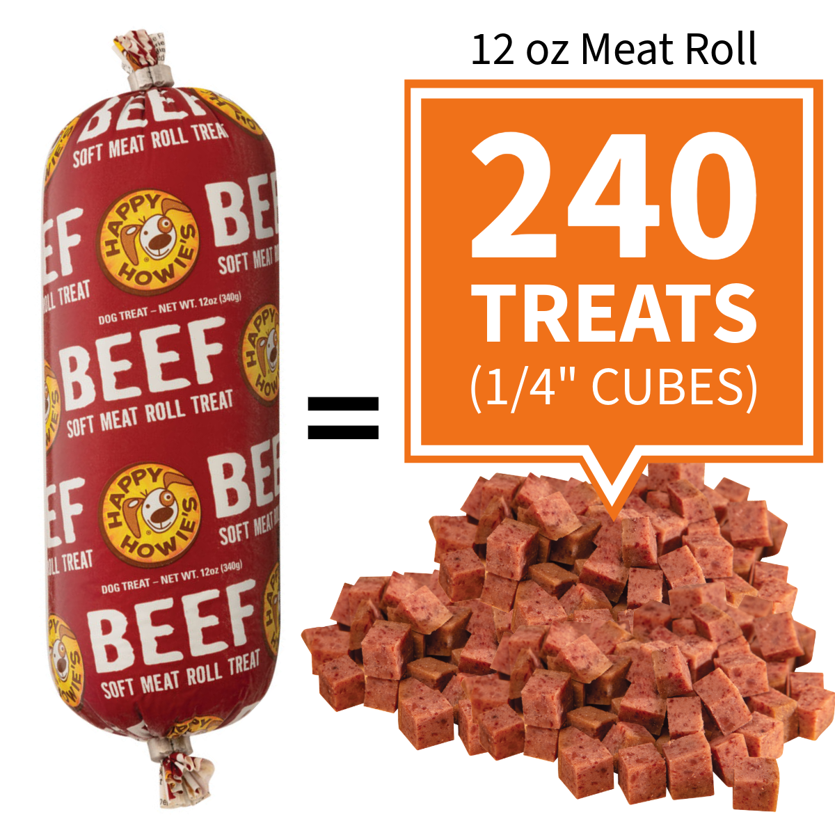 240 treats per 12oz roll when diced in 1/4 inch cubes