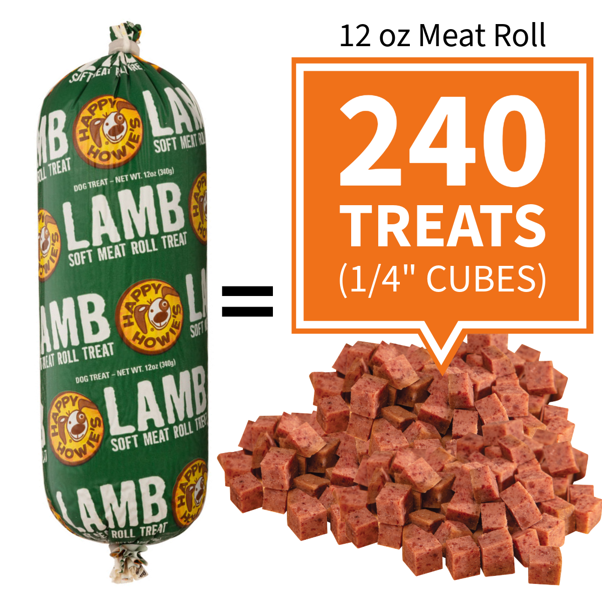 240 treats per 12oz roll when diced in 1/4 inch cubes