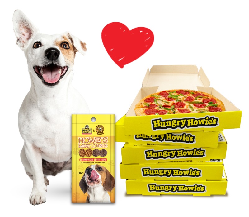 dog smiling with treats next to pizza boxes